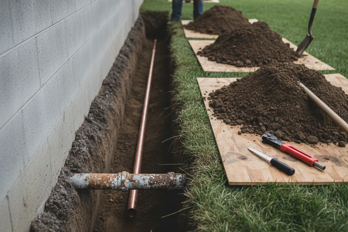 Excavated water line trench during Sewer Line Repair in Harmans